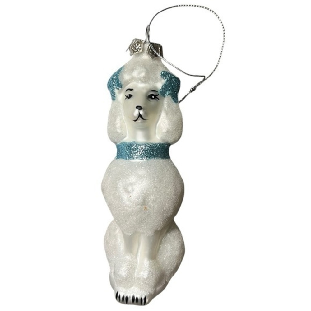 Vintage Poodle Christmas Tree Ornament Blown Glass White Poodle Blue Sparkle Dog